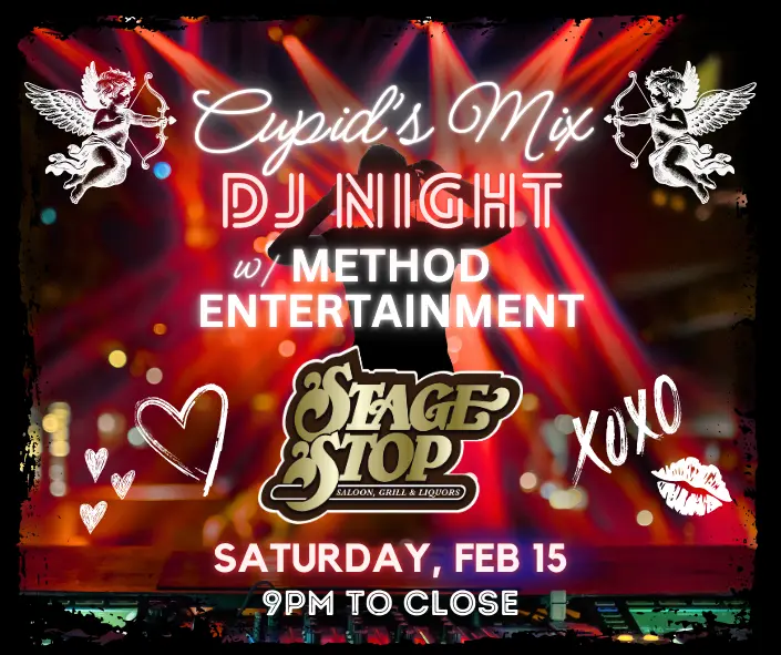 Valentine's Day weekend DJ Night graphic with red strobe lights and sketches of Cupid and hearts.